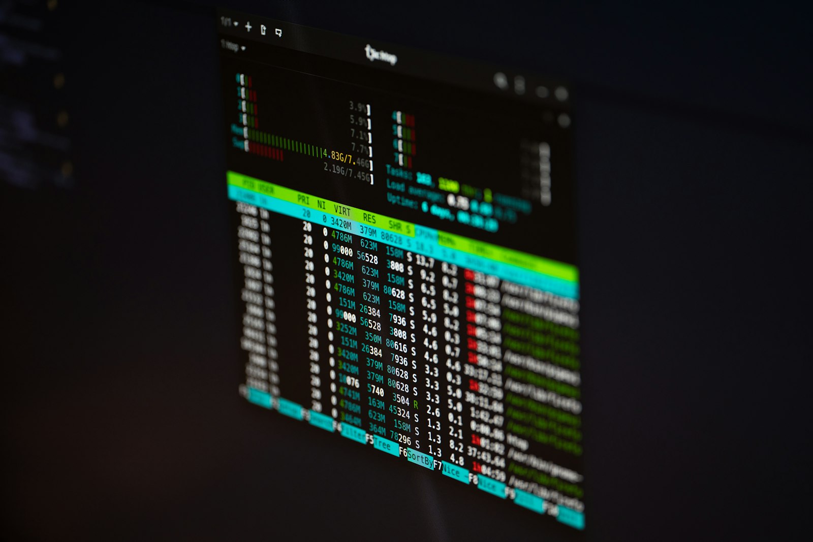 Bildschirm mit einer farbigen Prozessliste im Terminal