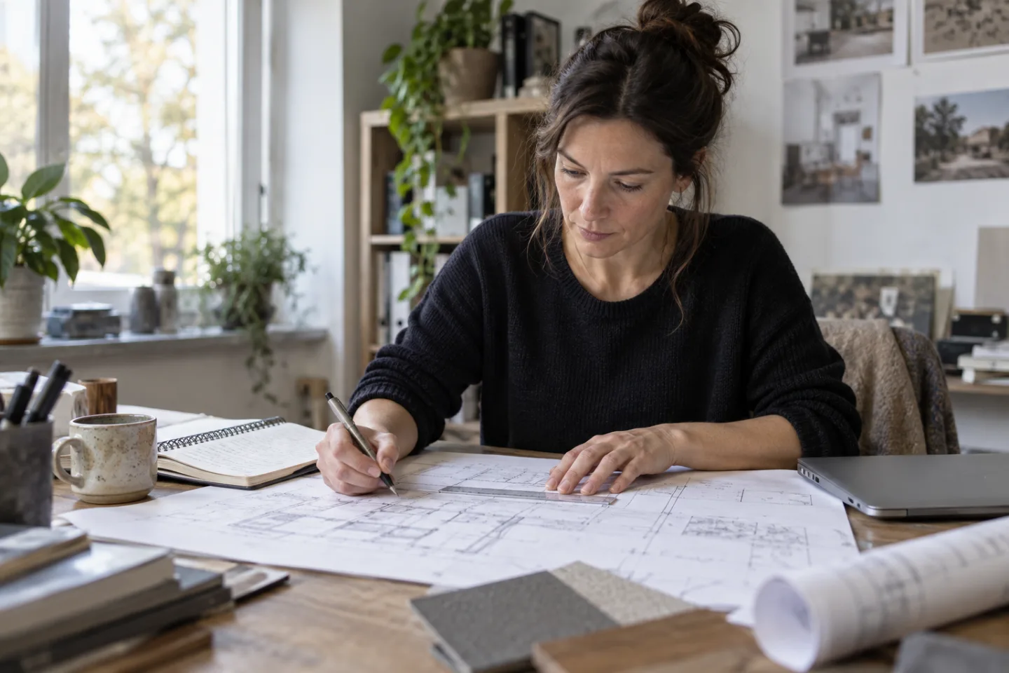 Eine Frau arbeitet konzentriert an Architekturzeichnungen an ihrem Schreibtisch.