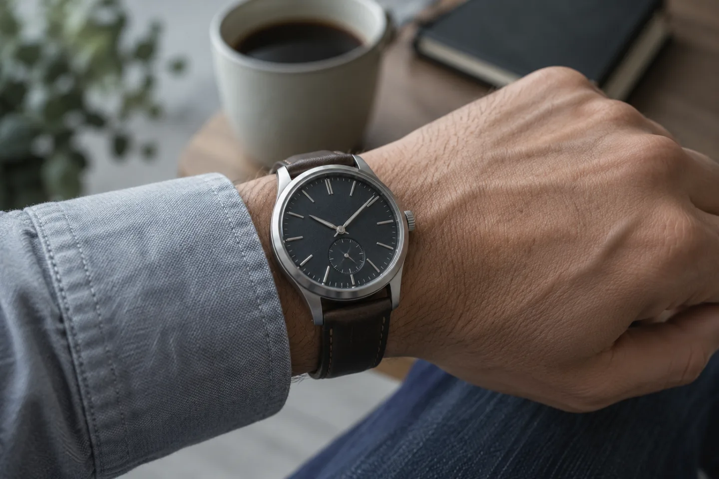 Nahaufnahme einer mechanischen Armbanduhr mit Lederband an einem Handgelenk.